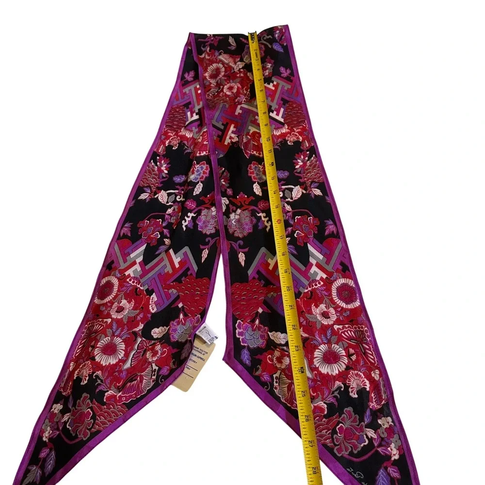 Oscar de la Renta Vintage Silk Skinny Scarf Floral Geometric Magenta Black Japan